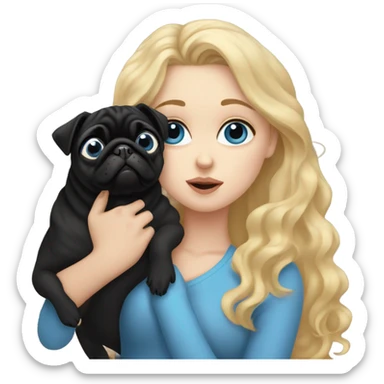 Girl with wavy blonde hair and blue eyes, kissing a black pug sticker