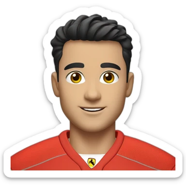 A young smiling white man in red Ferrari jersey with very short black hair and light green eyes and dig cheeks sticker