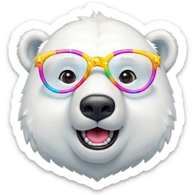 head and shoulders of a friendly anthropomorphised polar bear wearing oversized colorful star glasses, excited expression sticker