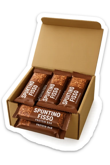 scatola aperta piena di barrette proteiche, con la scritta "SPUNTINO FISSO" SULLA CONFEZIONE in italiano,  realistici sticker