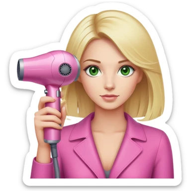 blonde woman with green eyes holding a pink Dyson hair dryer sticker