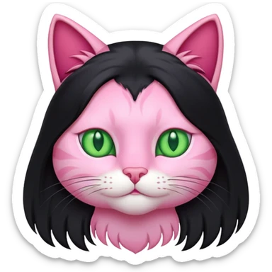 Pink cat with long black hair and green eyes sticker