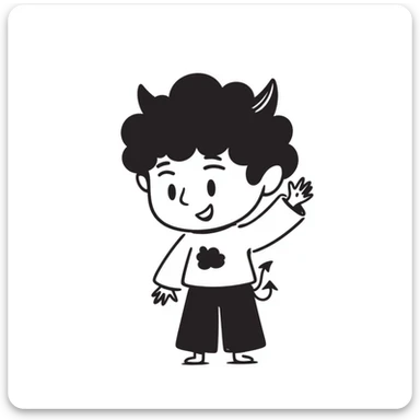 sketched chibi demon with oversized head, tiny fangs, and cute little wings in a playful pose sticker