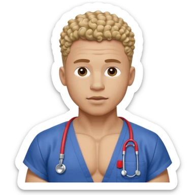 Ripped, athletic man with thick neck, high top fade with no part, curly hair only top only, no shirt and show waistline up add scrubs sticker