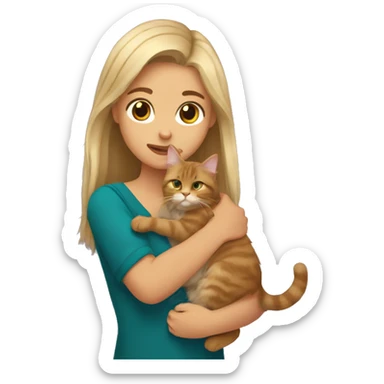 A blonde girl holds a brown Maine Coon cat in her arms sticker