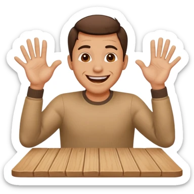 A man is laughing and knocking with both hands on the table in front of him sticker