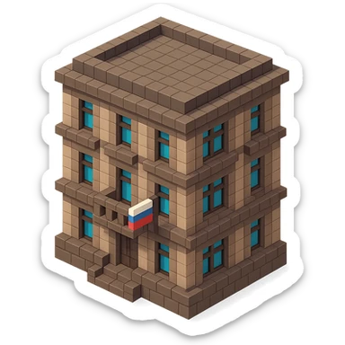 old Saint Petersburg building in voxel style, gray-brown tones, Russian flag on a small flagpole attached to a balcony, isometric view sticker