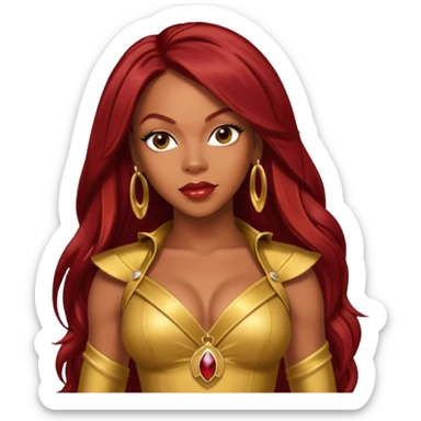 LaTavia Robeson from Destiny's Child with dark red long hair, gold outfit sticker