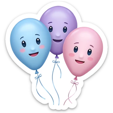 Three balloons emoji, each of the balloon's color is light pastel blue, pastel pink, and pastel purple. Three balloons. Cute IOS emoji style. sticker