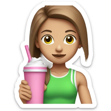 a girl with brown long straightened hair and with Green eyes with pink leggings and pink sports top with a protein shake in her hand sticker