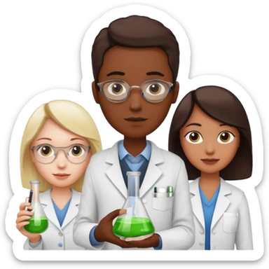 Three chemist: one organic chemist, one inorganic chemist and one theoretical chemist – each one with a typical item for their field of study (and not an erlenemeyer flask) sticker