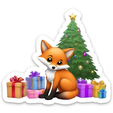 Baby fox sitting next to purple Christmas tree with presents  sticker