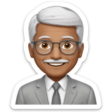 60 yr old indian man, short straight white hair brushed foreward , light grey business suit, big smile, dark brown skin, no moustache, dark brown eyes, glasses
 sticker