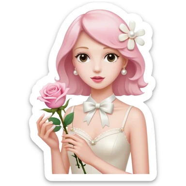 a beautiful aesthetic single rose in white and pink with an ivory bow and a pearl white perfume bottle with a white daisy on the cork sticker