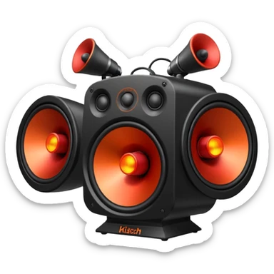 Head: A black KLIPSCH RP-8000F speaker, often represented with a red center or speaker cone.
Core: A small, bright glowing cherry-red circle representing his core.
Weapons: Shoulder-mounted speakers and plasma cannons on his arms.  sticker