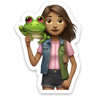a girl who lives in brixton with medium length brown hair, with a pink streak through it, who is standing with a frog on her shoulder sticker