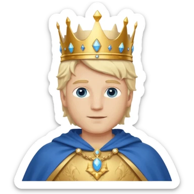 1 White king, blond hair, blue eyes, kind and benevolent vibe, gentle smile, wearing a crown and blue cloak emoji sticker