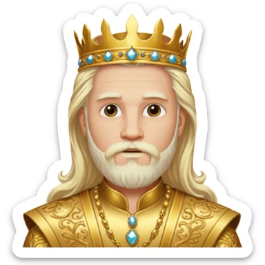 King Midas with long platinum blonde hair and beard, gold outfit sticker