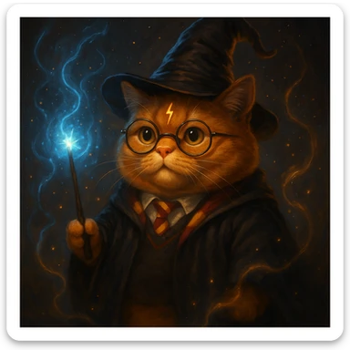a chubby orange cat with a lightning bolt scar and wizard hat, Harry Potter style, magical, fantasy sticker