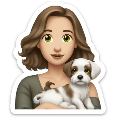 A Woman with brown hair and green/grey eyes and cuddle with a dog maltese  sticker