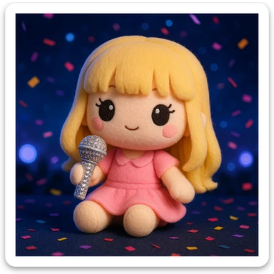 Pretty and girly Blonde pop star with bangs, holding a bedazzled microphone, reimagined as a soft kawaii plushie doll, with a nighttime concert backdrop with colorful confetti sticker