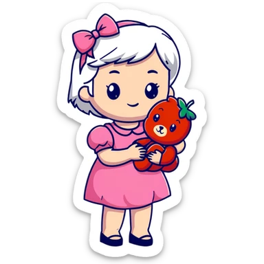 girl with white hair holding a strawberry wearing a pink dress holding a teddy bear sticker