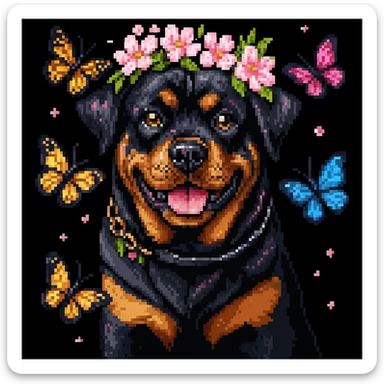 Add butterflies fluttering around the rottweiler with a cherry blossom flower crown, keep the original style and colors pixel art style sticker