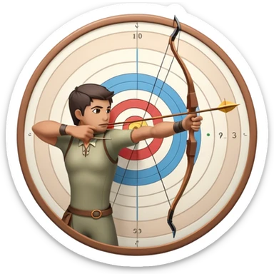 An archer drawing a bow and aiming an arrow at a target, with perfect focus and precision. The target is visible in the background, featuring concentric rings. The scene captures the concentration and skill involved in archery, emphasizing the elegance and accuracy of the sport. sticker