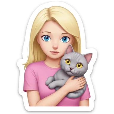 A blonde with blue eyes in a pink T-shirt hugs her big grey British cat with yellow eyes sticker