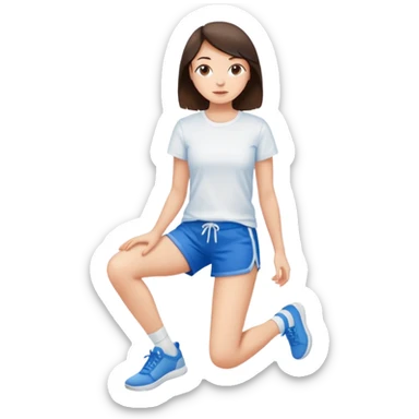 brunette girl in blue shorts and a white t-shirt sits on a longitudinal split sticker