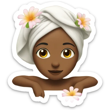 girl with towel on head relaxing in bath with flowers sticker