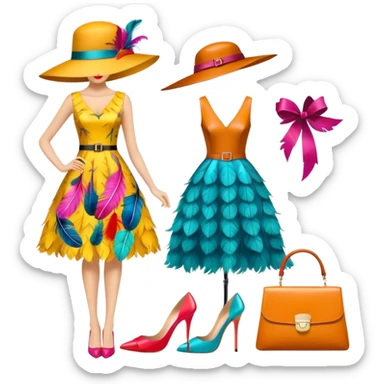 Icon for Fashion Design: a clothing pattern, a stylish hat, a bright dress, shoes, and a handbag, with measurements, a measuring tape, and a pencil. The icon should represent the creative and precise process of fashion design. Transparent background. sticker
