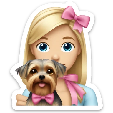Blonde girl blue eyes with her pet yorkshire terrier with pink bow sticker