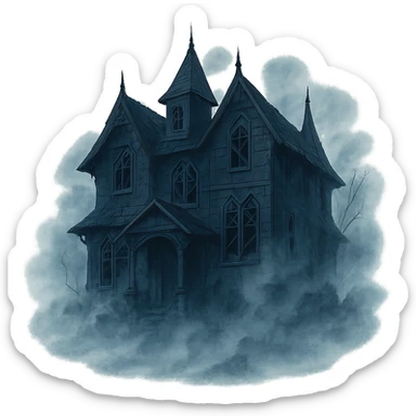 creepy haunted house with broken windows, eerie mist, gothic horror atmosphere sticker