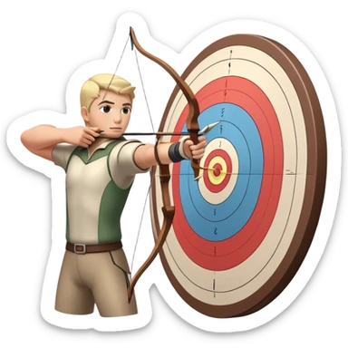 An archer drawing a bow and aiming an arrow at a target, with perfect focus and precision. The target is visible in the background, featuring concentric rings. The scene captures the concentration and skill involved in archery, emphasizing the elegance and accuracy of the sport. sticker