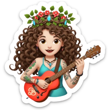 woman with long curly brown hair, brown eyes, white skin, tattoos, wearing a mushroom crown and tuning a neon vine guitar, mischievous rock grin sticker