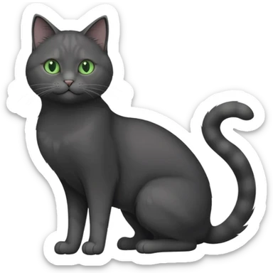 full body gorgeous solid dark grey cat with green eyes, white paws and white whiskers stretching like a cat sticker