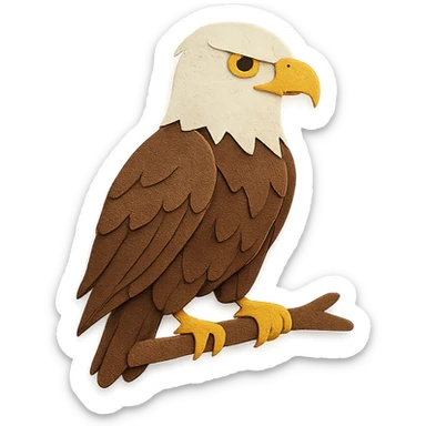 bald eagle on a branch, layered paper details, sharp yellow eyes, white head, brown plumage, naturalistic pose sticker