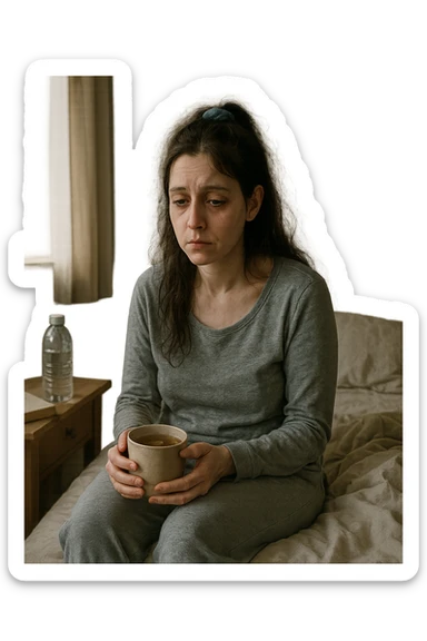 A realistic, cinematic illustration of a woman in her early 30s with a tired, pale appearance, sitting on the edge of her bed in a softly lit bedroom during the morning, looking exhausted and drained. Her posture is slightly slouched, and dark circles are visible under her eyes. She wears comfortable loungewear, holding a warm cup of herbal tea in her hands, seeking comfort. The scene includes a cozy yet slightly messy room with a blanket, a water bottle, and a book on the nightstand, emphasizing chronic fatigue. Soft natural light comes through the window, highlighting her expression of persistent tiredness despite rest, capturing the invisible struggle of chronic fatigue syndrome while maintaining dignity and a gentle aesthetic. sticker