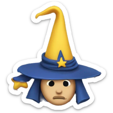 sad wizard wearing a dark blue pointy hat with yellow stars on it sticker