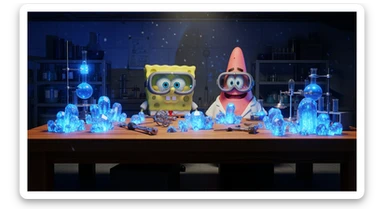 3D cienmatic cartoon shot, spongebob and patric dress in safety glasses and safe white outfit, the are standing front of table with blue crystals on table glowing (light source) science room in basement, back light, Cinema 4d render, proffesional lightning, blue colors sticker