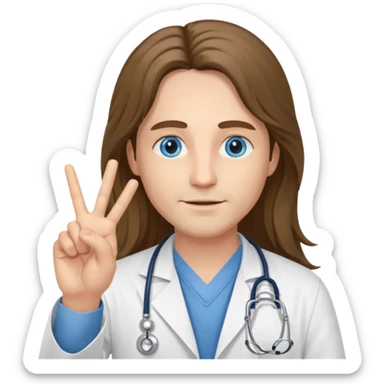 Doctor with long hair blue eyes and holding a peace sign sticker
