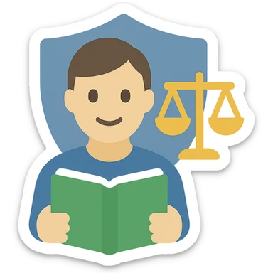 person with neutral or happy face holding a green book and a gold justice scale, shield behind them, flat color icon style sticker