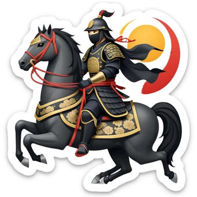 clash-of-clans-aesthetic_-cinematic-fearsome-and-majestic-samurai-bust-portrait-emoji, rendered in a flat, vector-style with minimal shading and bold, simplified shapes typical of emoji art, depicting a battle-hardened samurai with black mask and traditional black Japanese armor. The samurai is riding a noble grey warhorse adorned with an intricately designed saddle and fluttering banners and a rising sun. a samurai riding on a  horse sticker