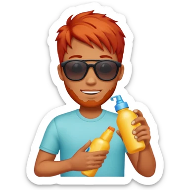 male red haired with suncream bottle and sunglasses, with sun burned sticker