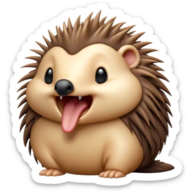 Cinematic Cute Yawning Echidna Portrait Emoji, Head tilted slightly with a dramatic, wide-open yawn, showcasing a soft, downy spiky fur with a slightly drooping snout and small, drowsy eyes, Simplified yet irresistibly adorable features, highly detailed, glowing with a soft, cozy glow, high shine, relaxed yet expressive, stylized with a touch of prickly whimsy, bright and endearing, soft glowing outline, capturing the essence of a sleepy yet affectionate echidna, so drowsy it feels like it could curl up out of the screen for a nap! sticker