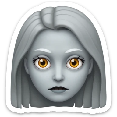woman with gray skin and white eyes and a creepy face sticker
