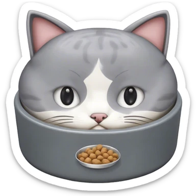 cute cat food bowl, the food is piled on top of the bowl where it is so full. The colour of the bowl is grey and the kibble in the bowl is white. sticker