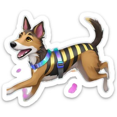  brindle brown black maroon striped lurcher Alsatian fox running blue eyes and iridescent holographic oilslick harness wearing paper iridescent tropical flower crown yellow caution tape sticker