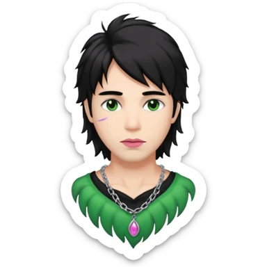 man with brown eyes, black long shaggy hair, eyeliner, pink plump lips, green stained neck from a silver chain necklace sticker